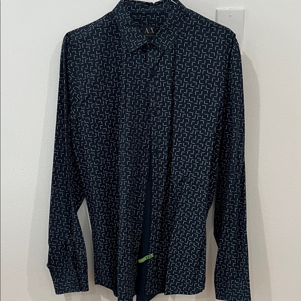 Armani Exchange Navy Button-Up Shirt with Light Blue Geometric Print